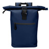 A navy blue roll-top backpack with a front zip pocket and a buckle closure, featuring a logo on the front.