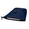 A navy recycled roll-top backpack with a zipper and clip closure, featuring a visible laptop compartment.