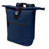 A navy blue roll-top backpack with a front zip pocket and adjustable straps. It features a logo on the side.