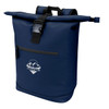 A navy blue recycled roll-top backpack with a front zip pocket and a logo. Features sturdy straps for carrying.