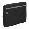 A black laptop sleeve with a zippered front pocket and a logo, designed for a 16-inch laptop.