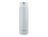 A drink bottle in soft grey with a sleek design and a logo, featuring a screw-top lid.