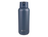 A drink bottle in navy blue with a secure lid and a small spout, featuring a logo on the front.
