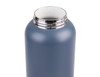 A drink bottle in matte blue, featuring a stainless steel rim and a wide mouth opening. It has a simple logo on the side.