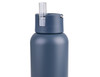 A drink bottle in matte dark blue with a clear straw lid and a metal loop for carrying. It features a logo.