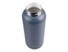 A drink bottle with a matte navy blue finish, featuring a stainless steel top and an engraved logo.