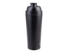 A drink bottle in matte black, featuring a screw-on lid and a logo. Ideal for protein shakes or beverages.