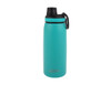 A drink bottle in a teal colour with a screw cap and a carrying handle. It features a logo.
