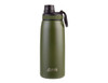 A drink bottle in olive green with a vacuum seal and a screw cap, featuring a logo on the front.