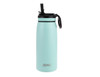 A drink bottle in light blue with a black spout and handle, featuring a simple branding logo.