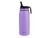 A drink bottle in lavender with a black spout and lid, featuring a logo on the side.
