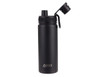 A drink bottle in matte black with a screw cap and a removable lid featuring a logo.