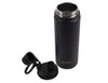 A drink bottle in matte black, featuring a screw cap and a removable lid with a spout. It has a logo on it.