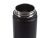 A drink bottle with a sleek black exterior and a stainless steel screw cap, featuring a logo on the side.