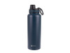 A drink bottle in dark blue with a screw cap and a logo. Designed for sports use.