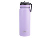 A drink bottle in lavender colour with a spout and a black lid, featuring a logo.