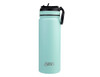 A drink bottle in a light blue colour with a spout lid and a black handle, featuring a logo on the body.