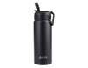 A drink bottle in matte black with a spout and a handle, featuring a logo on the side.