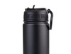 A drink bottle in matte black with a spout and handle, featuring a logo on the side.