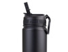 A drink bottle in matte black with a spout and a carrying handle; features a logo on the side.