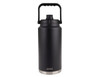 A drink bottle with a black exterior and stainless steel base, featuring a carry handle and a black lid.