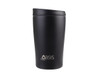 A drink bottle in matte black finish, featuring a lid and an engraved logo.