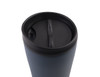 A drink bottle featuring a dark blue body and a black lid with a drinking spout and a logo.