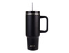 A drink bottle in matte black with a handle, stainless steel straw, and a logo. Ideal for travel.