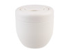 A drink bottle in a sleek, off-white design with a spill-proof lid and a smooth finish. It features a logo.