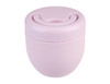A vacuum food pod in soft pink with a lid featuring a curved opening and a smooth surface. It has a logo on it.