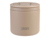 A drink bottle in beige with a secure lid and a logo, designed for vacuum food storage.