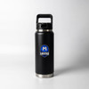 A drink bottle in matte black with a silver base and a prominent logo on the front.
