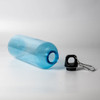 A drink bottle in translucent blue plastic with a black lid and attached carabiner.