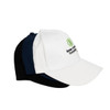 A trio of snapback cotton baseball caps in white and navy, featuring a logo on the front.