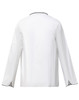 A unisex executive chef jacket in white, featuring contrasting black accents and long sleeves. The back view is displayed.