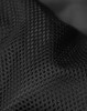 A close-up of black mesh fabric with a textured pattern, showcasing its breathable design and material quality.