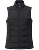 A black ladies' sustainable insulated puffer vest with a full zip and a collared neckline. It features a logo.