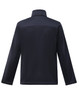 A navy men's sustainable softshell corporate jacket with a collar and long sleeves, featuring a logo.
