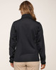 A black ladies' sustainable softshell corporate jacket displayed from the back, featuring a smooth, fitted design.