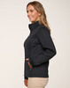 A women's softshell jacket in dark navy, featuring a high collar and side pockets, with a logo on the chest.