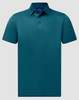 A teal men's sustainable jacquard knit short sleeve polo with a standard collar and one button placket.