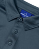 A close-up of a dark grey men's polo shirt featuring a textured jacquard knit and a collar with buttons.