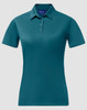 A teal ladies' polo shirt made from sustainable jacquard knit, featuring a collar and button placket.