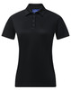 A black ladies' sustainable jacquard knit short-sleeve polo featuring a classic collar and button placket.