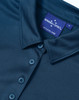 A dark blue sustainable jacquard knit short sleeve polo with a button-up collar and a branded label.