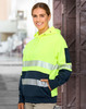 A two-tone safety hoodie in bright yellow and navy blue, featuring segmented reflective tapes and a hood.