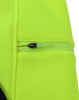 A close-up of a high-visibility two-tone water-resistant fleece hoodie, featuring a zippered pocket in vibrant yellow.