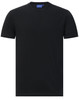 A black premium cotton short sleeve T-shirt with a tag and a logo on the neckline.