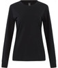 A black long-sleeve tee shirt for women in premium cotton. It features a round neckline and has a logo.