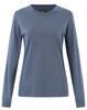 A long-sleeve tee shirt in blue with a fitted design and a logo on the neckline.